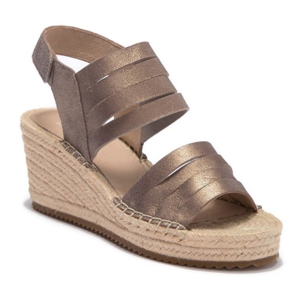 EILEEN FISHER Sandals 8.5 LARGO Metallic Strappy Espadrille Wedge Heel EUC